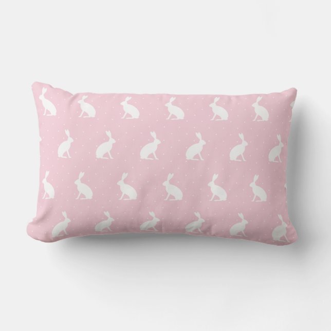White Upright Rabbits & Polka Dots. Baby Pink Lumbar Cushion (Front)