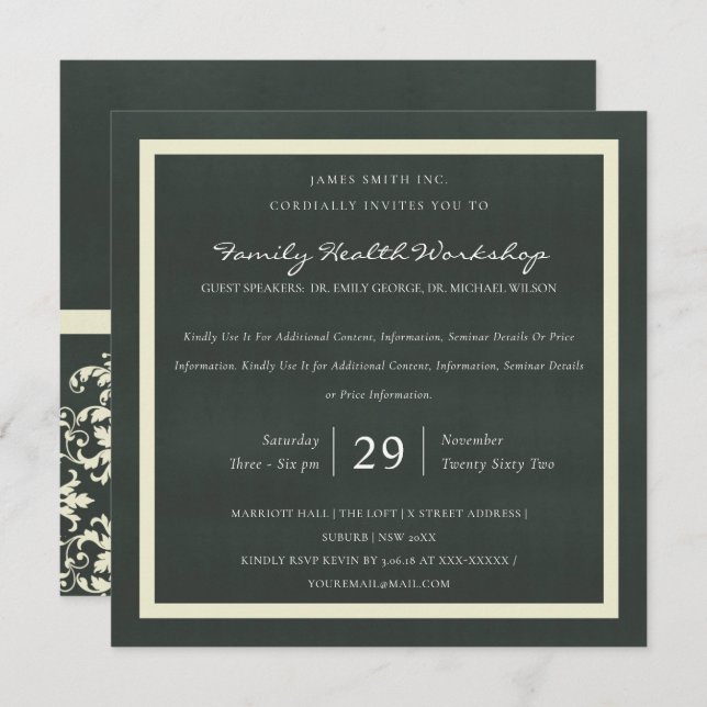 WHITE VELVET BLACK DAMASK CLASSIC WORKSHOP EVENT INVITATION (Front/Back)