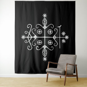 White Veve of Papa Legba on Black Tapestry