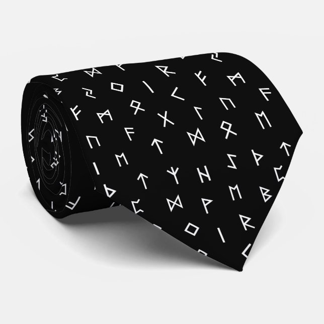 White Viking Runes on Black Background Tie (Rolled)