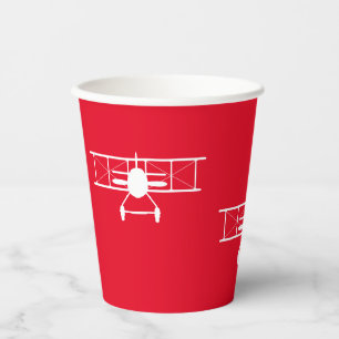 White Vintage Biplane on Red Background Paper Cups