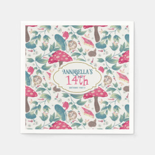 White Vintage Cottagecore Mushroom Birthday Napkin