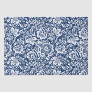 White vintage damask on navy blue background tissue paper