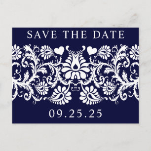 White Vintage Damask Shown On Deep Rich Navy Announcement Postcard