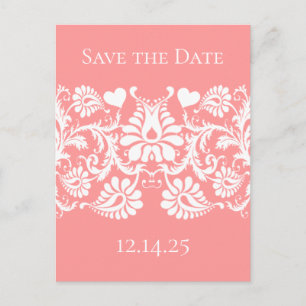 White Vintage Damask Shown On Pinky Peach Announcement Postcard