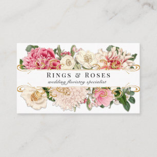 White Vintage Floral Elegant Gold Swirls Custom Business Card
