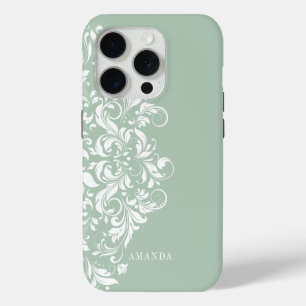 White vintage floral swirl mandala on a sage green iPhone 15 pro case