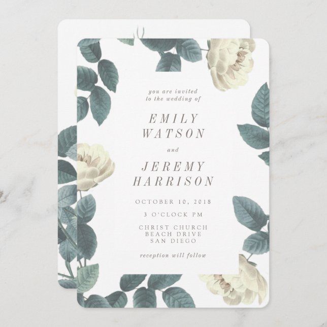 White Vintage Flower Frame Wedding Invitation (Front/Back)