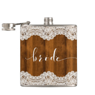 White Vintage Lace Brown Wood Bride Typography Hip Flask