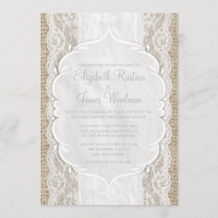 White Vintage Linen Burlap Lace Wedding Invitation