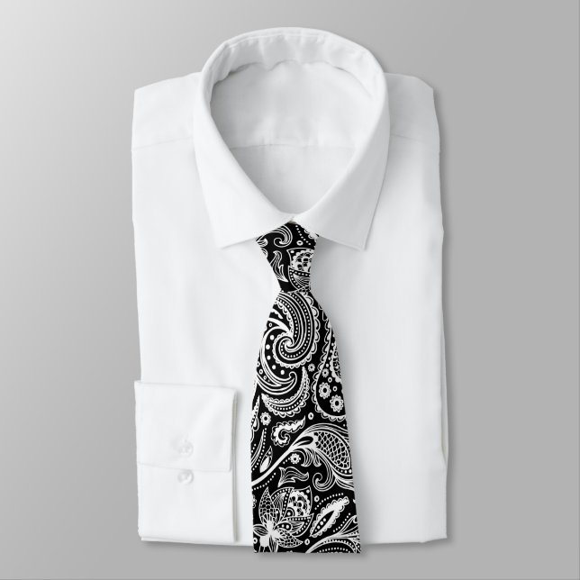 White vintage paisley on black background tie (Tied)