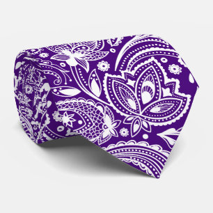 White vintage paisley on purple background tie