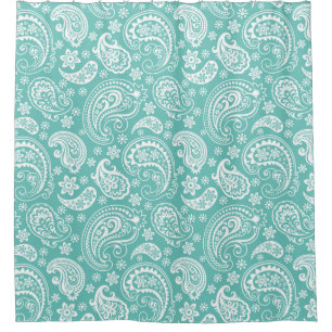 White Vintage Paisley On Turquoise Background Shower Curtain