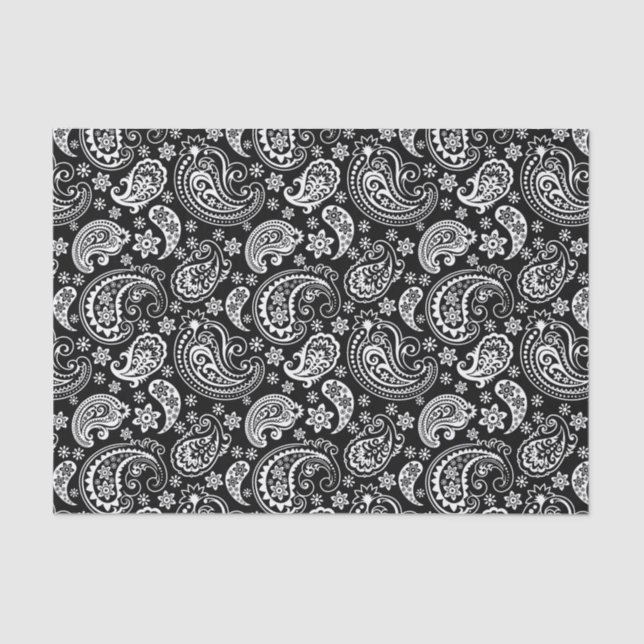 White Vintage Paisley Over Black Background Tissue Paper (Front)