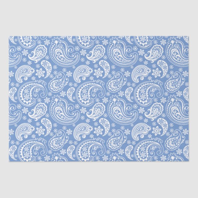 White Vintage Paisley Over Blue Background Tissue Paper (Front)
