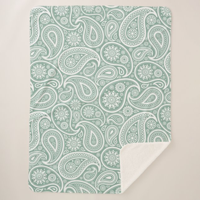 White Vintage Paisley Pattern Muted Green Sherpa Blanket (Front)
