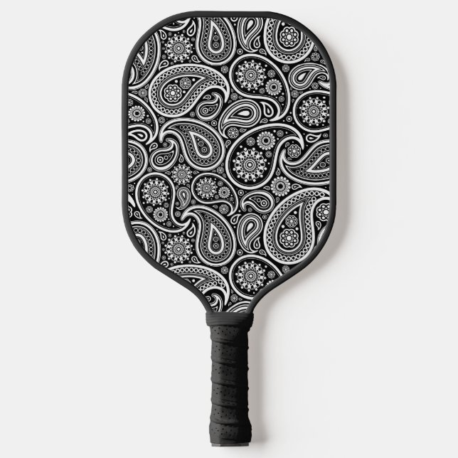 White Vintage Paisley Pattern On Black Pickleball Paddle (Front)