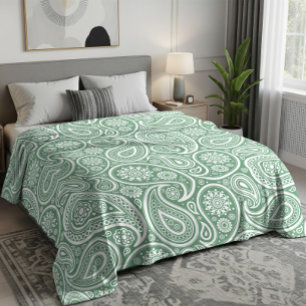 White Vintage Paisley Pattern On Sage Green Fleece Blanket