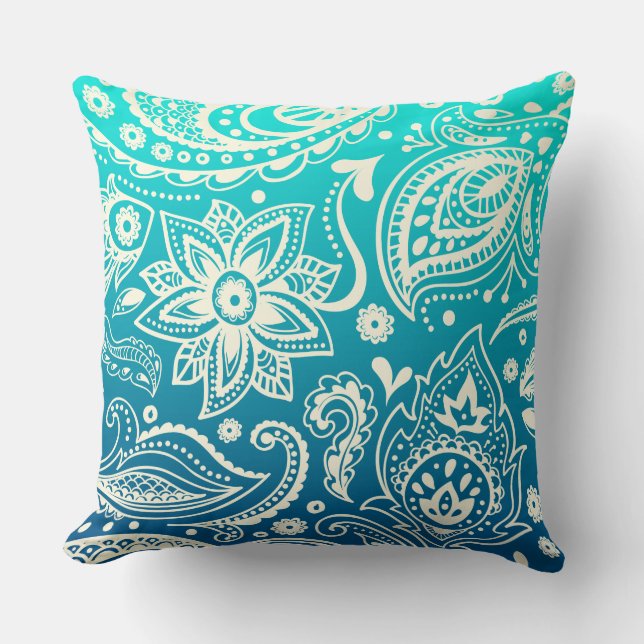 White Vintage Paisley & Turquoise Gradient 2 Cushion (Front)