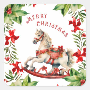 White Vintage Rocking Horse Square Sticker
