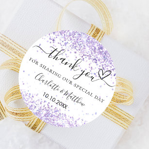 White violet lavender glitter wedding thank you classic round sticker