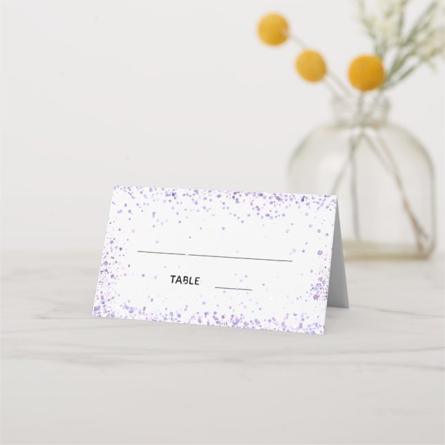 White violet sparkles names wedding place card (Front)
