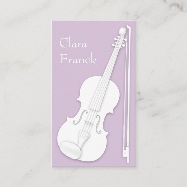 White Violin & Bow Elegant Lilac String Player Business Card (Front)