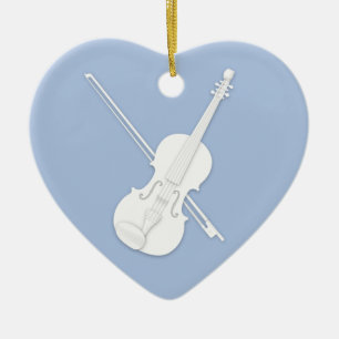 White Violin & Bow Light Blue Custom Heart Ceramic Ornament