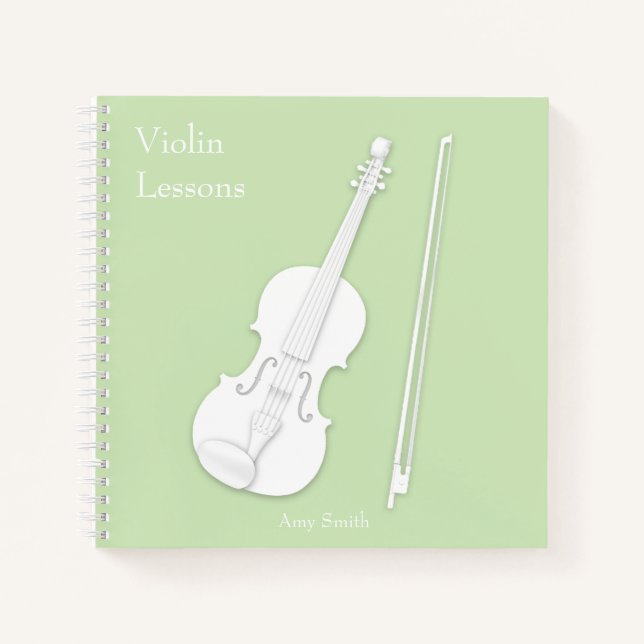 White Violin & Bow Music Light Green Custom Square Notebook (Front)