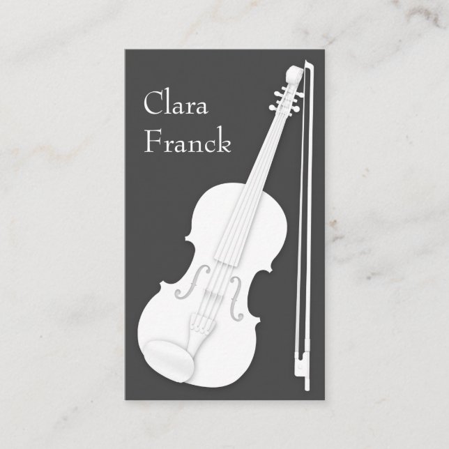 White Violin & Bow on Charcoal Grey Musician's Business Card (Front)