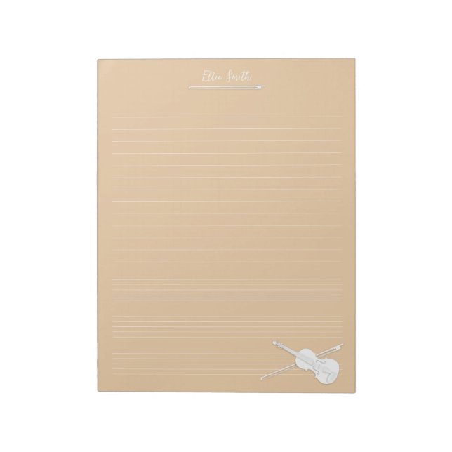 White Violin & Bow Personalised Music Class Beige Notepad (Rotated)