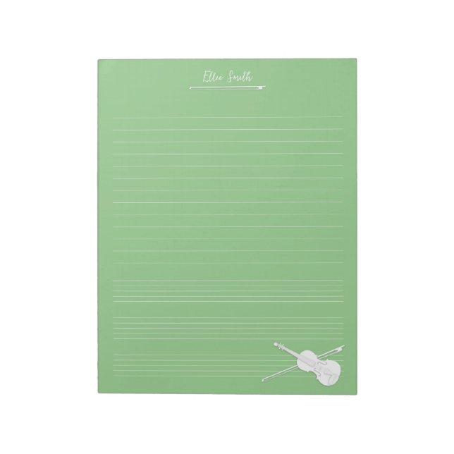 White Violin & Bow Personalised Music Class Green Notepad (Rotated)