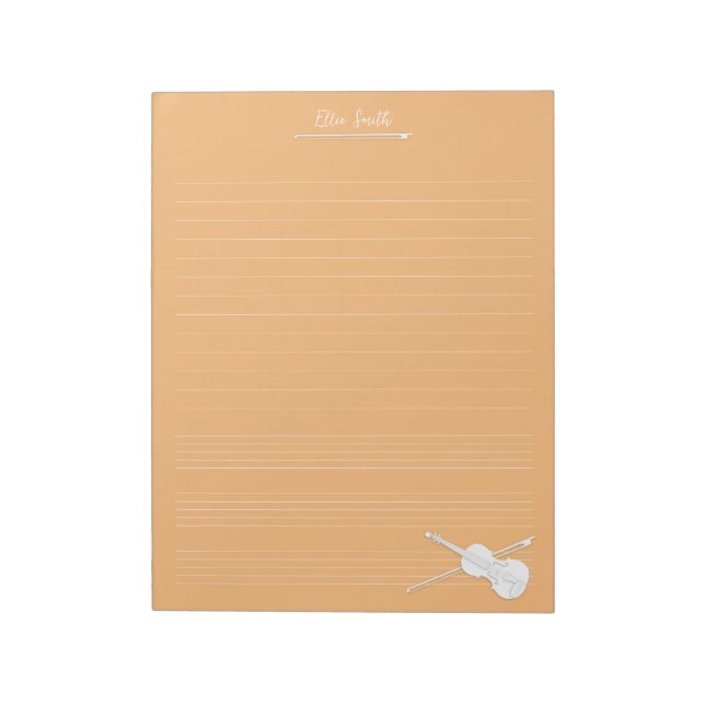 White Violin & Bow Personalised Music Class Orange Notepad (Rotated)