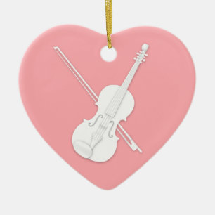 White Violin & Bow Rose Pink Custom Heart Ceramic Ornament