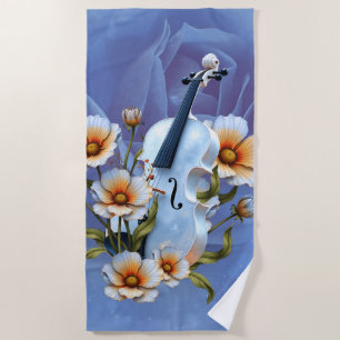 White Violin with Flowers – Elegant Music & Nature Beach Towel