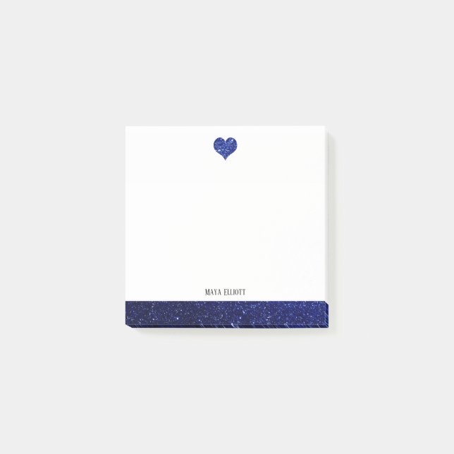 White w/ Blue Faux Glitter Heart & Border + Name Post-it Notes (Front)