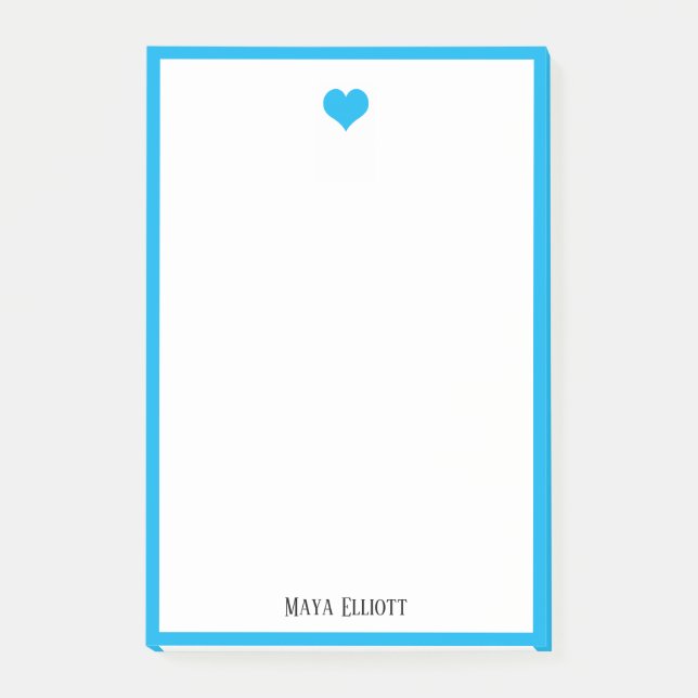 White w/ Bright Sky Blue Heart & Border + Name Post-it Notes (Front)