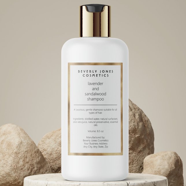 White w faux gold waterproof shampoo bottle label (Creator Uploaded)