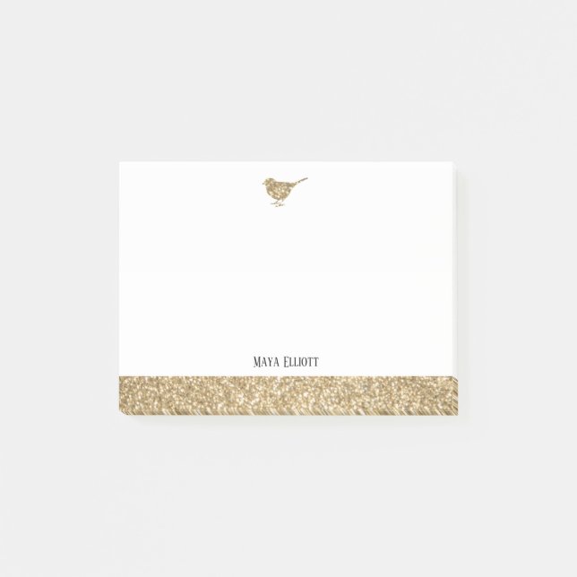 White w/ Gold Faux Glitter Bird & Border Post-it Notes (Front)