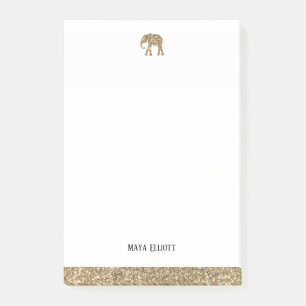 White w/ Gold Faux Glitter Elephant & Border, Name Post-it Notes