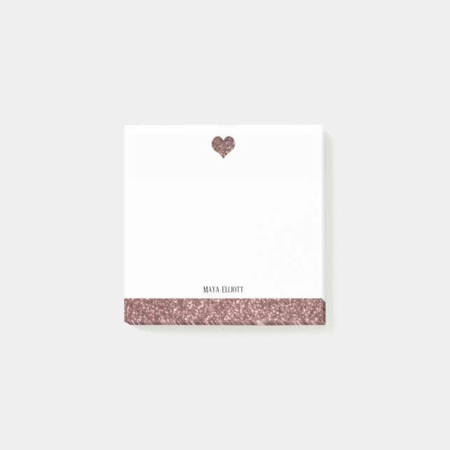 White w/ Rose Gold Faux Glitter Heart & Border Post-it Notes (Front)