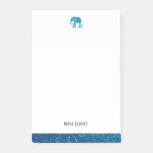 White w/ Teal Faux Glitter Elephant & Border, Name Post-it Notes