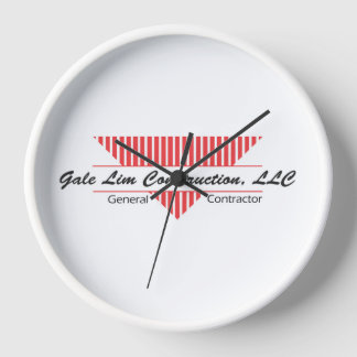 white wall clock with no numbers with company logo