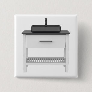 White wash basin cabinet with black sink and fauce 15 cm square badge