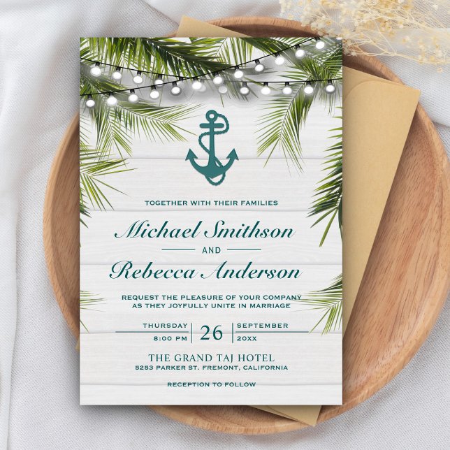 White Washed Wood Palm Leaves Teal Anchor Wedding Invitation (Creator Uploaded)