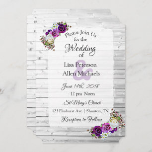 White Washed Wood Purple Roses Wedding invitations