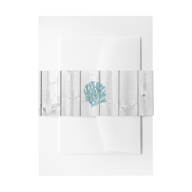 White Washed Wood Teal Coral Beach Wedding Band Invitation Belly Band (Front Example)