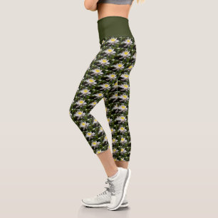 White Water Lilies Floral Capri Leggings
