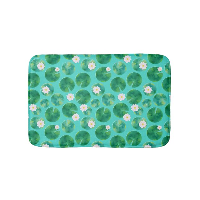 White Water Lily Flowers & Lily Pad Pattern Bath Mat (Front)
