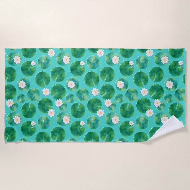 White Water Lily Flowers & Lily Pad Pattern Beach Towel (Front)